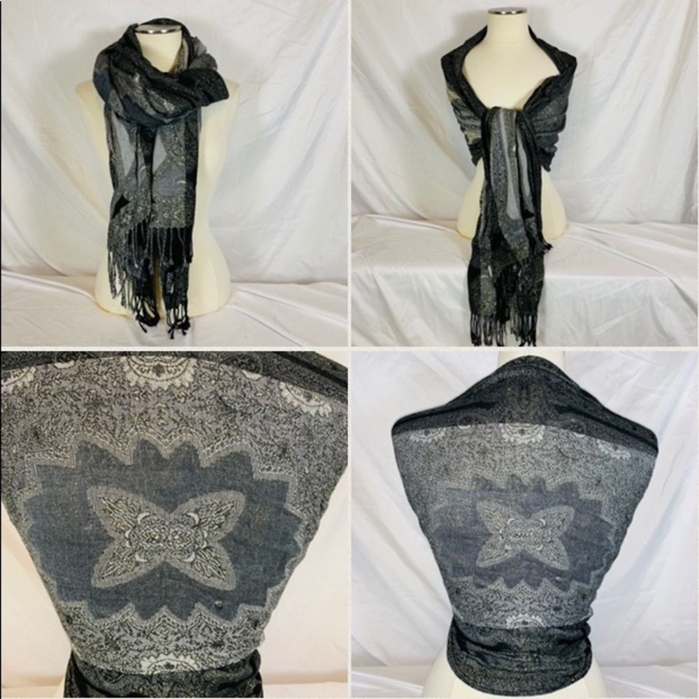 Kasper Pashmina Shawl with gold Long strands of - Picture 6 of 8